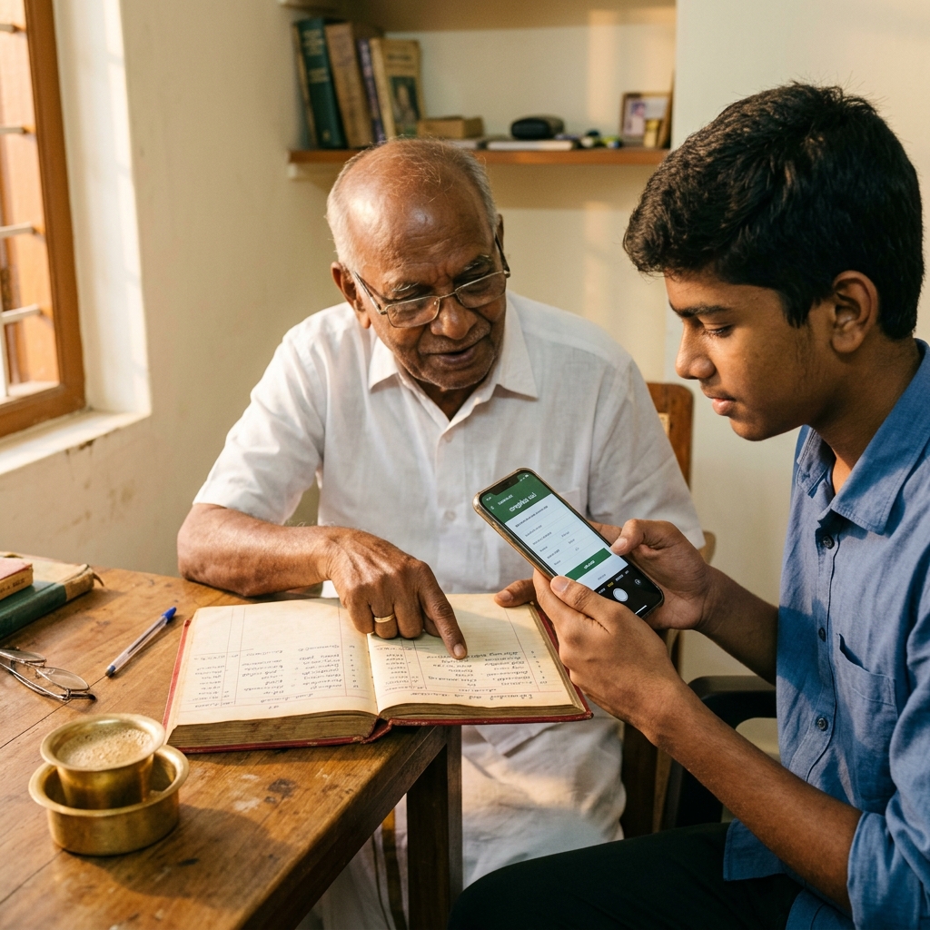 Grandfather teaching grandson to digitise an old Moi notebook
