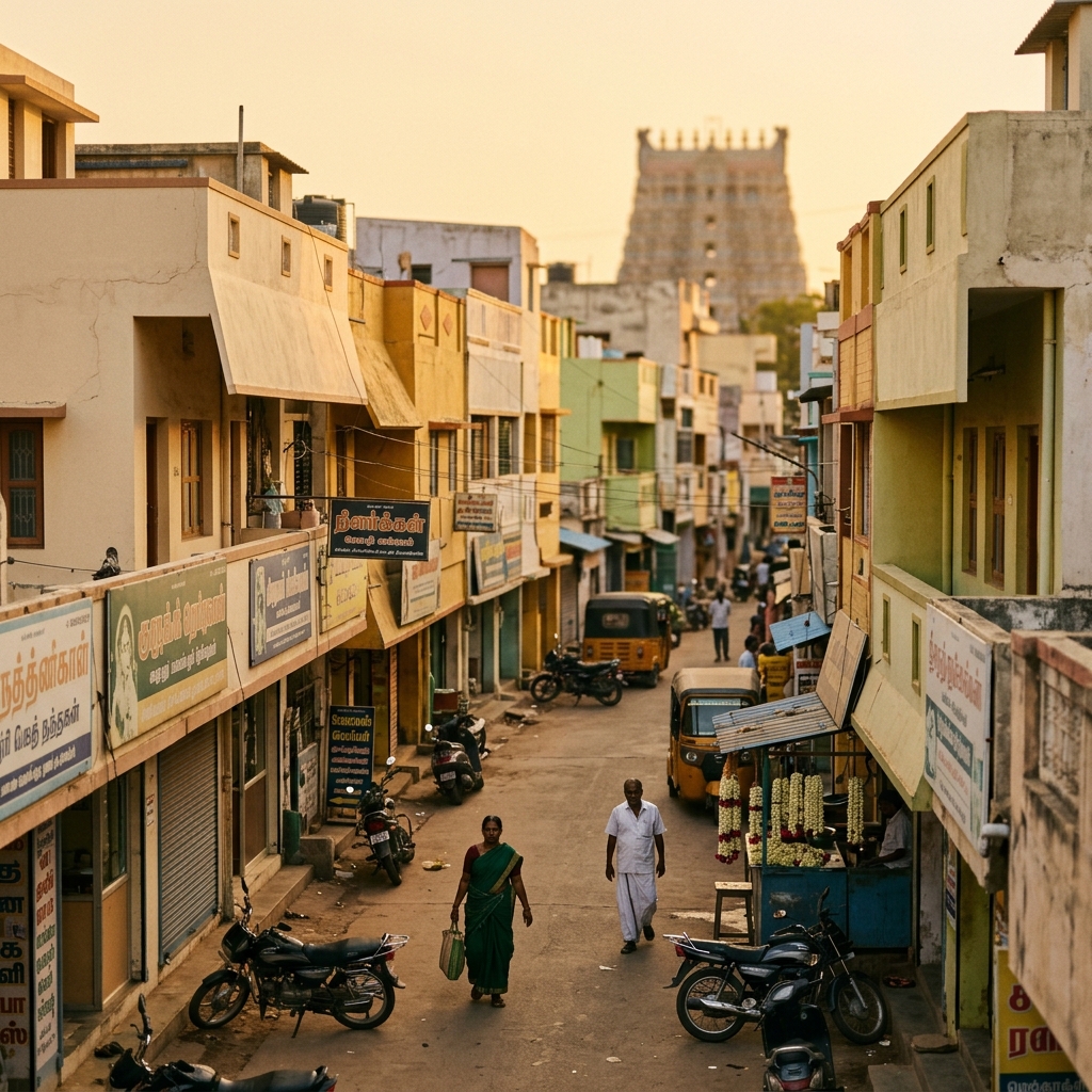 A warm golden-hour street in old Madurai with temple gopuram in background