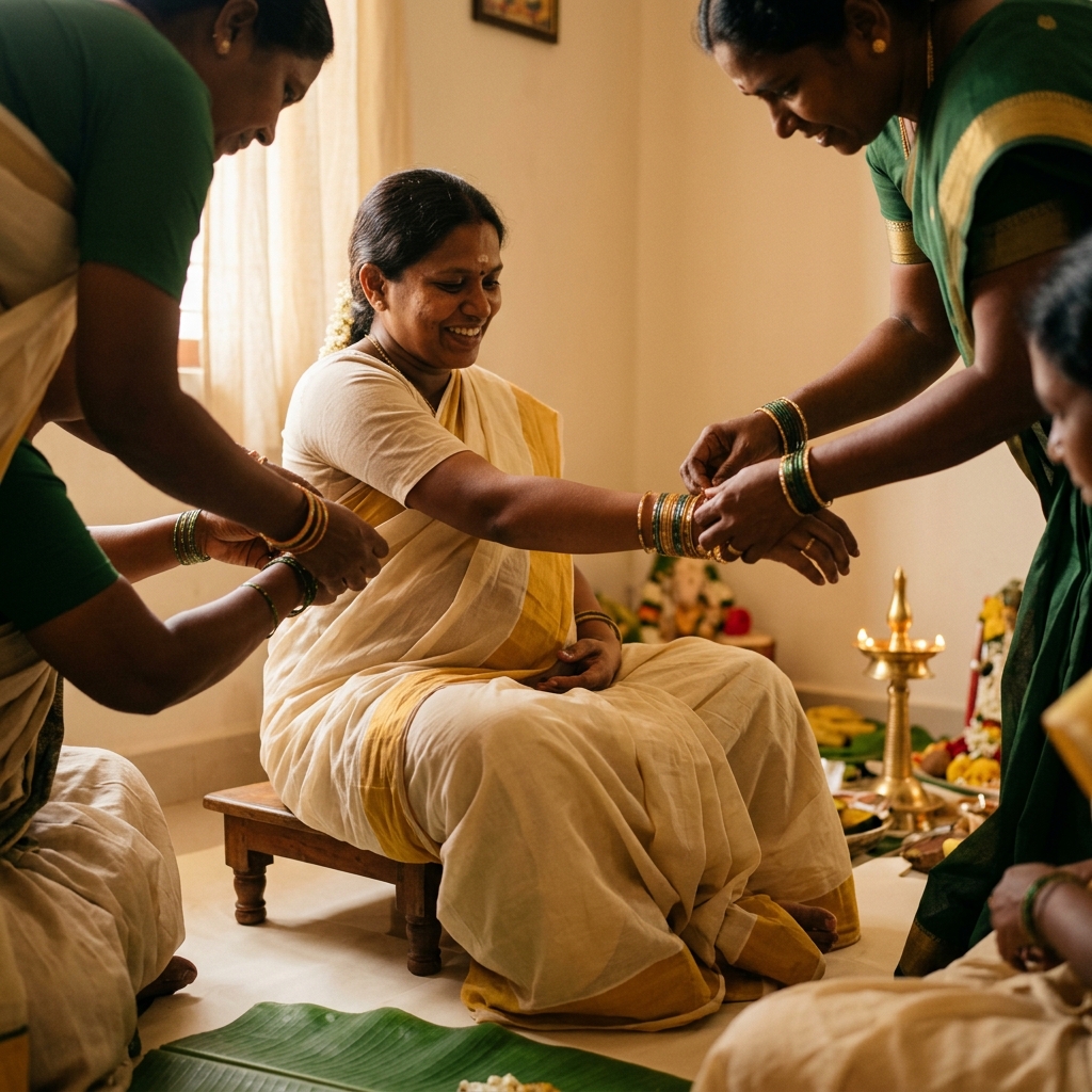 Tamil bangle ceremony with women placing glass bangles on wrists