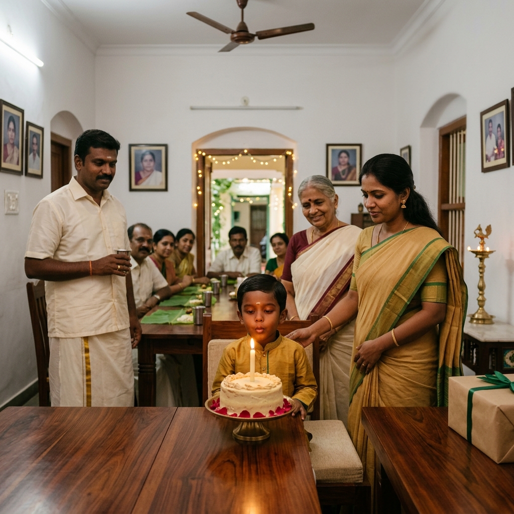 Tamil home birthday celebration with child and grandmother