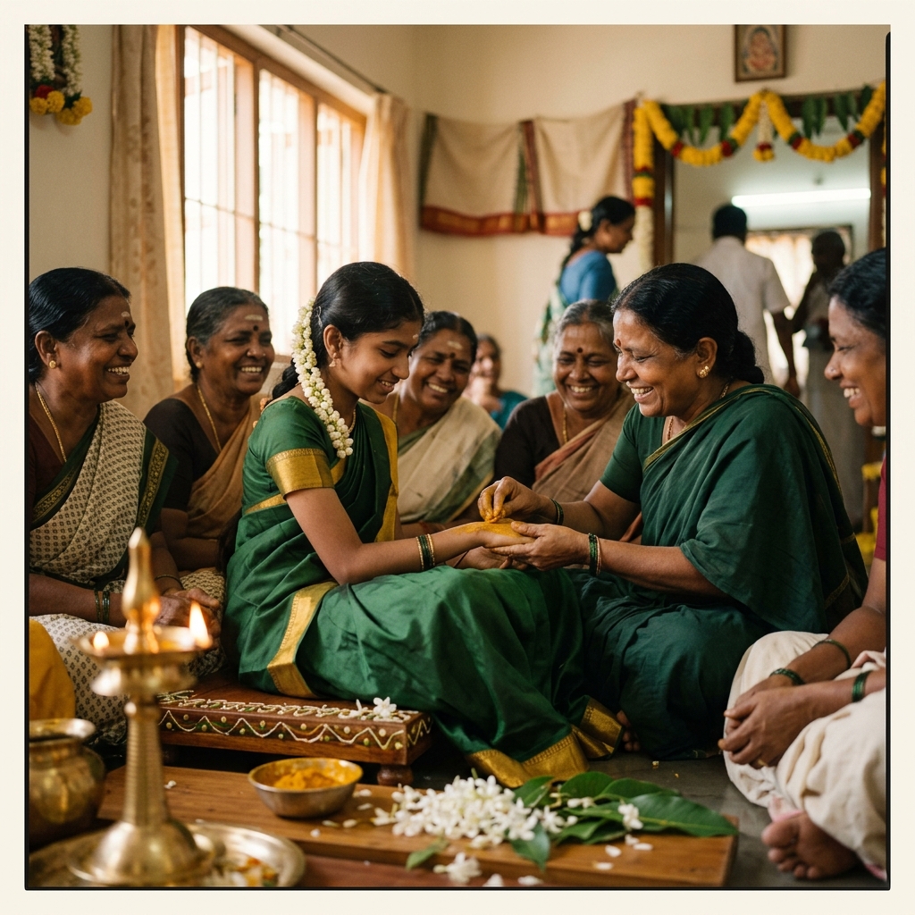 Tamil puberty ceremony with teenage girl in silk half-saree