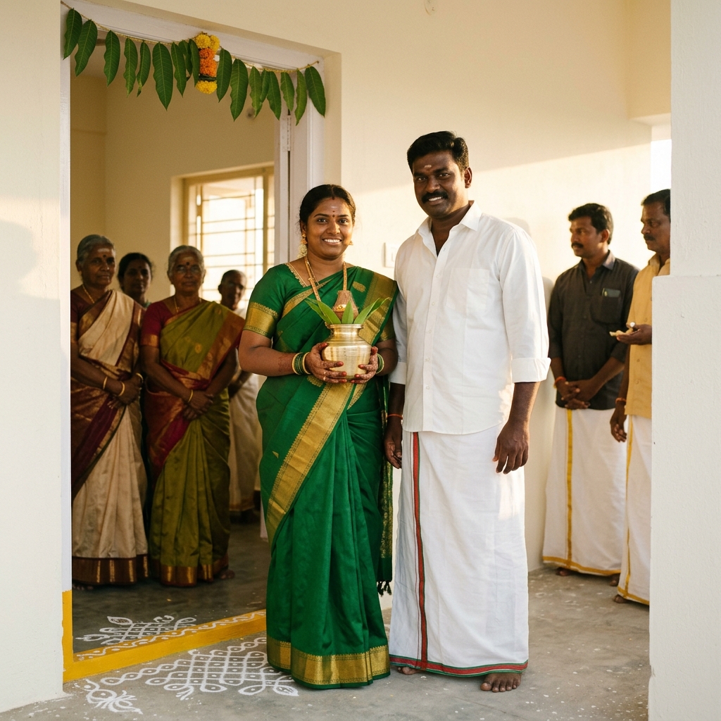 Tamil house warming with family lighting oil lamp in new home