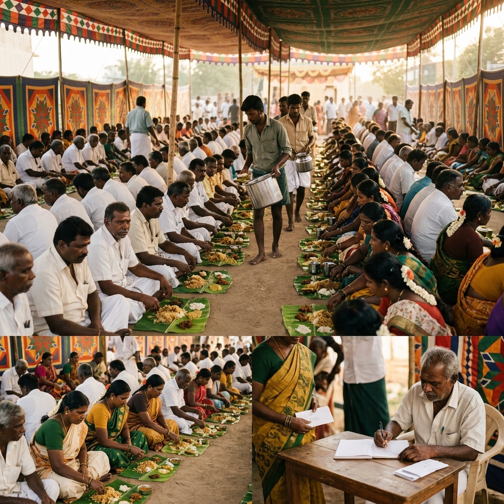 Tamil Moi Virunthu community feast with guests dining on banana leaves under a pandal
