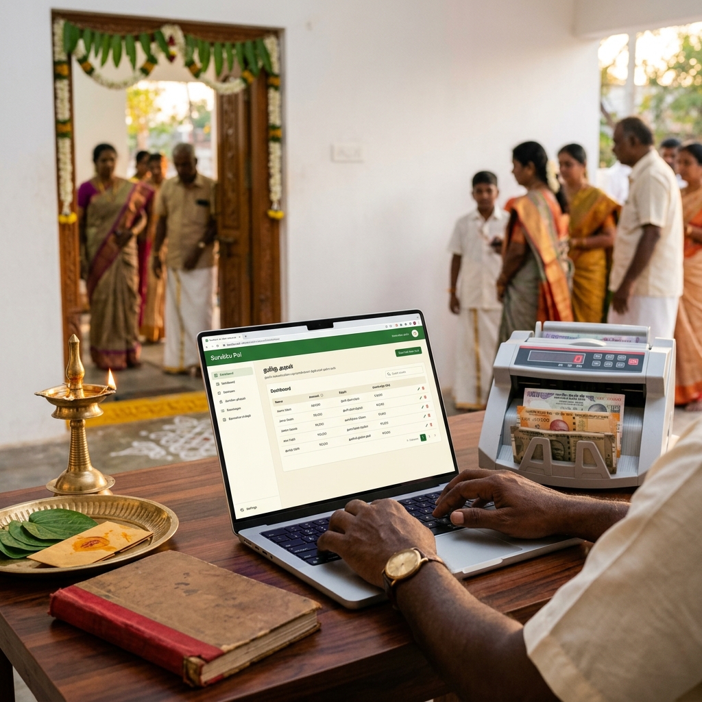 Surukku Pai digital ledger at a Tamil family event venue with laptop, brass lamp and guests arriving