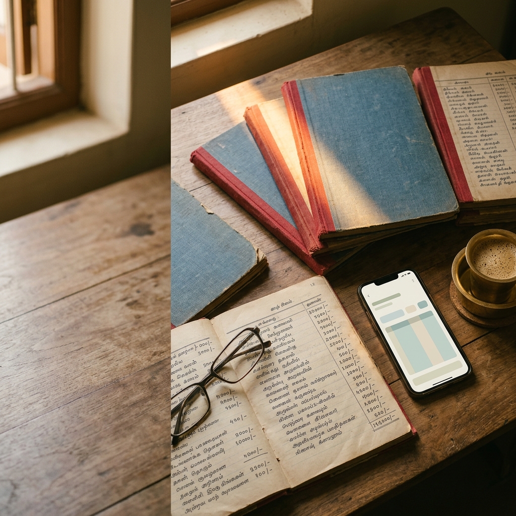 Old family Moi notebooks on a sunlit desk