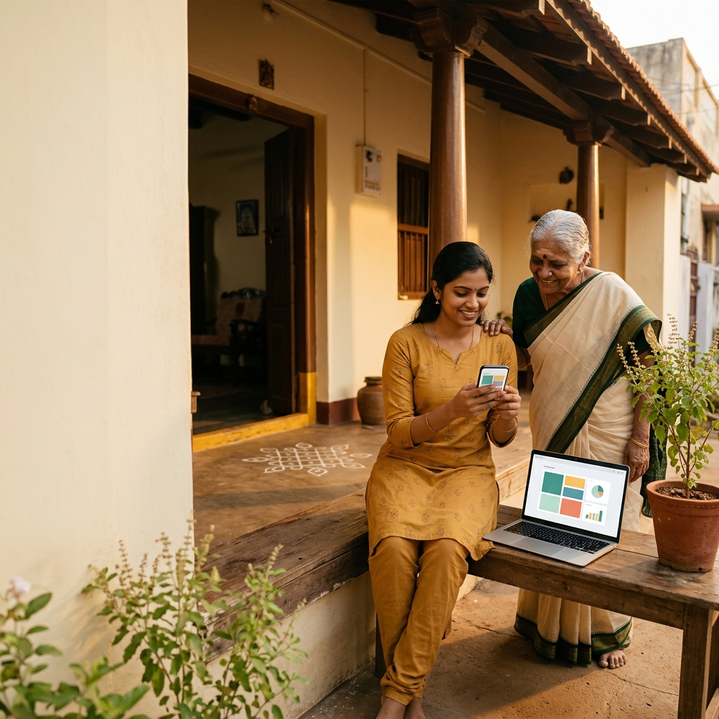 Young woman and grandmother viewing Moi ledger on phone and laptop