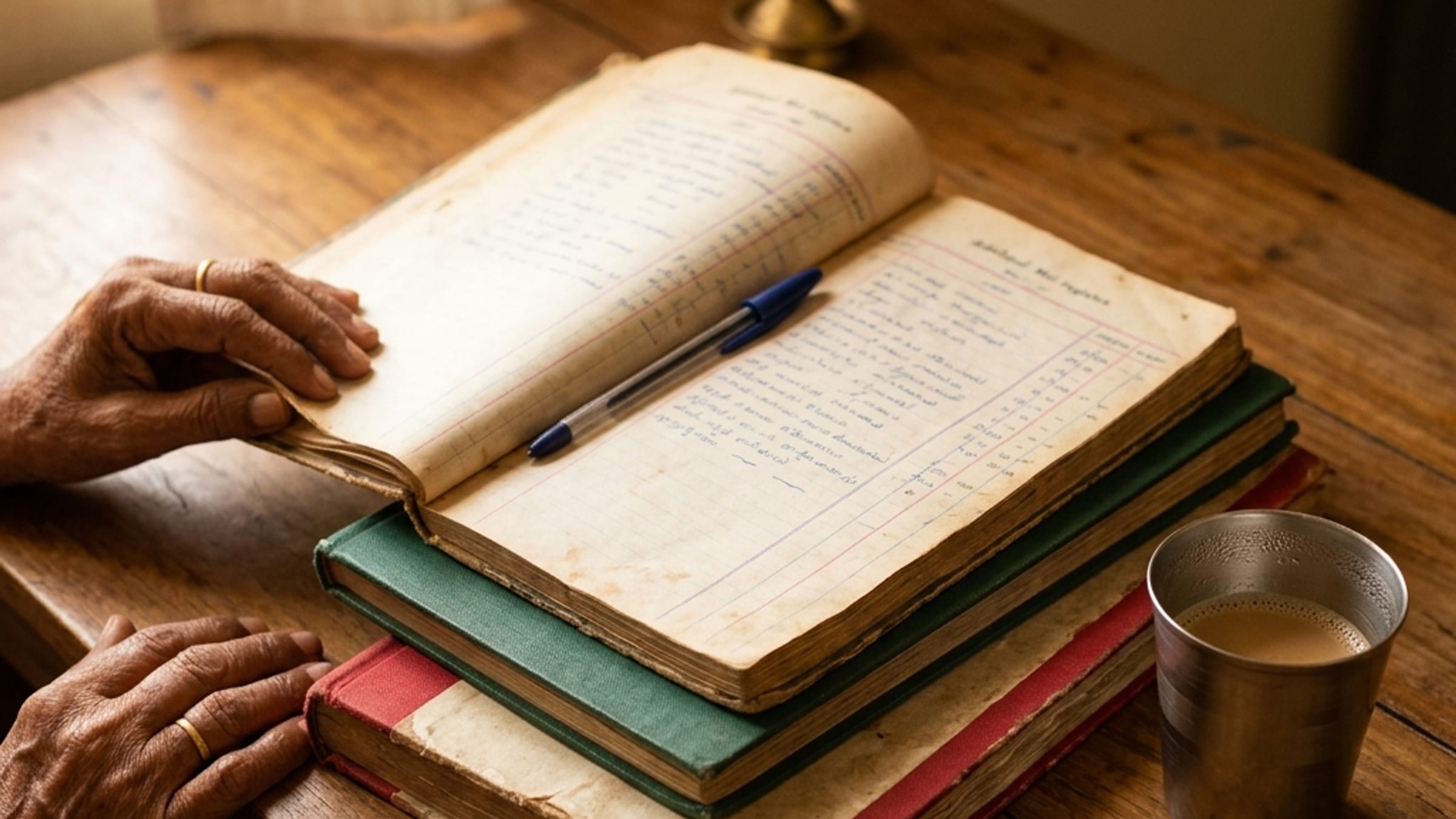 Old family Moi registers on a sunlit desk in Madurai
