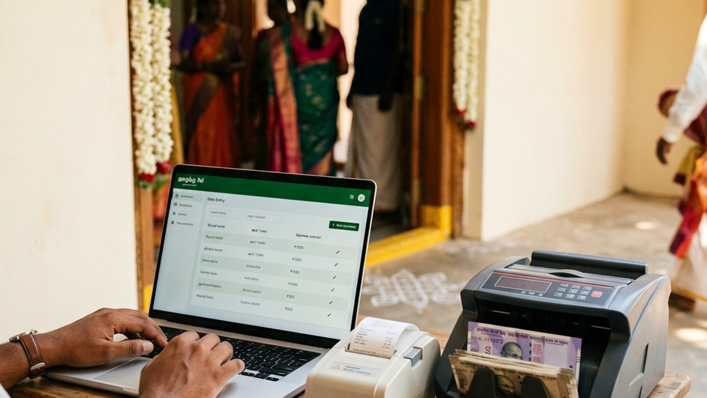 Laptop and money counter at a Tamil wedding mandapam entrance